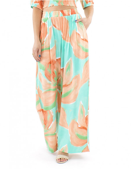 Pantalon palazzo fluide motif orchidée