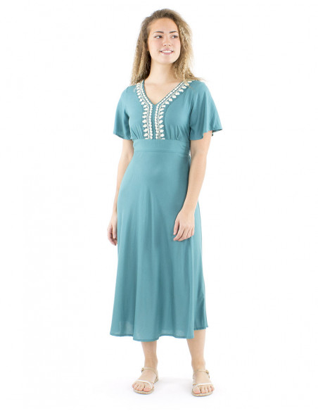 Midi boho flared dress hand embroidered