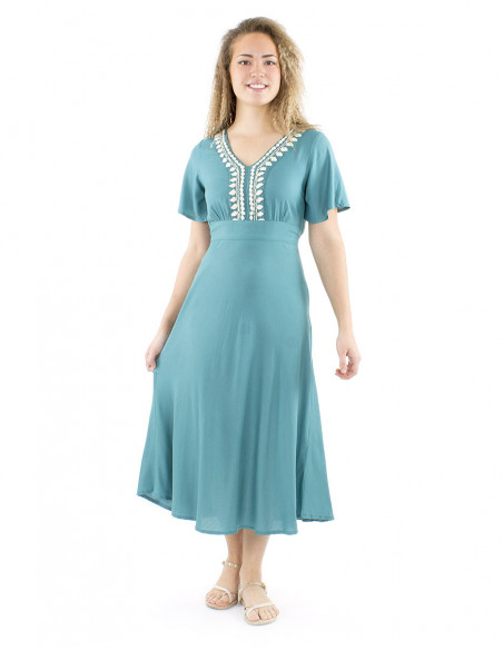 Midi boho flared dress hand embroidered