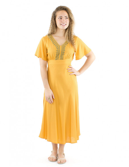 Midi boho flared dress hand embroidered