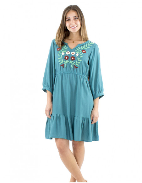 Short flared boho dress hand embroidered