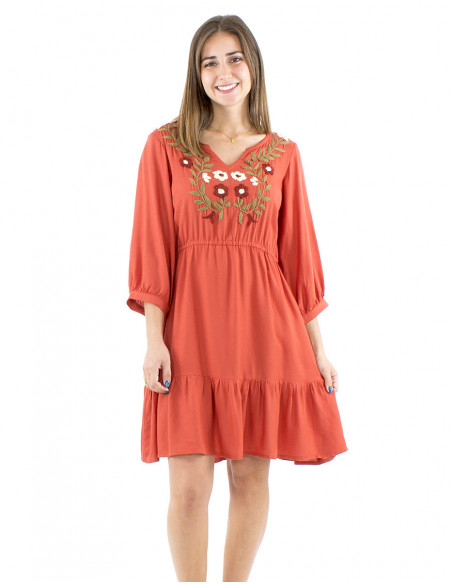 Short flared boho dress hand embroidered