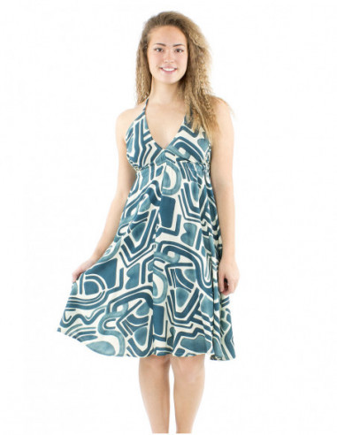 Mini robe col V dos nu motif bleu