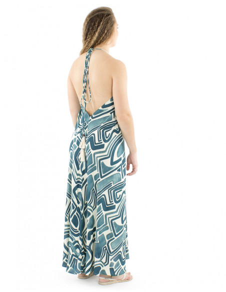Robe longue dos nu motif style ethnique bleu 