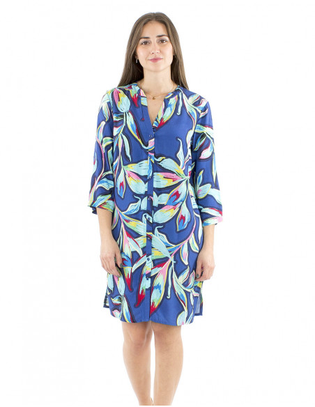 Tunic dress 3/4 sleeves tropical pattern
