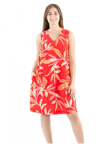 Robe mi-longue évasée motif tropical