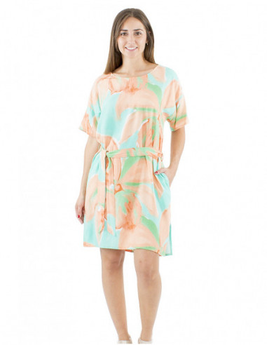 Short dress orchid print and fabric belt
