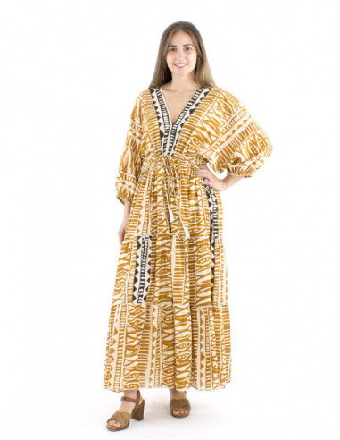 Maxi robe coton motif ethnique liens