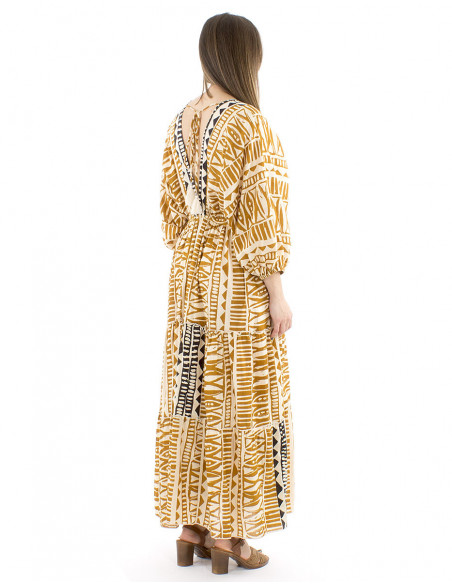 Maxi robe coton motif ethnique liens