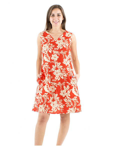 Short cotton dress tropical print V-neck
