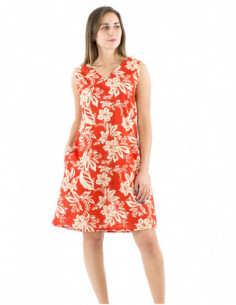 Robe courte coton motif tropical col V 2