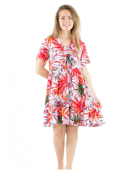 Robe courte évasée été motif tropical