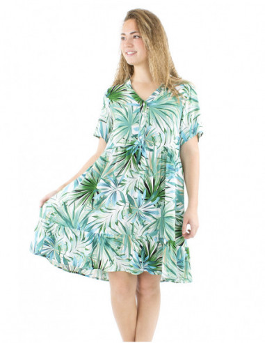 Short flared dress with tropical pattern