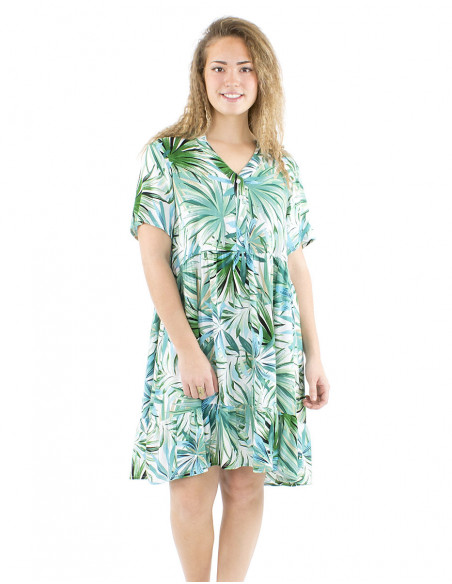 Robe courte évasée été motif tropical