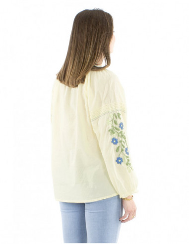 Chemisier coton jaune beurre fleuri brodé main