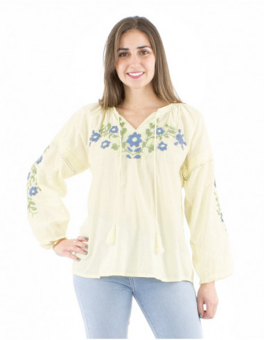Chemisier coton jaune pastel brodé main
