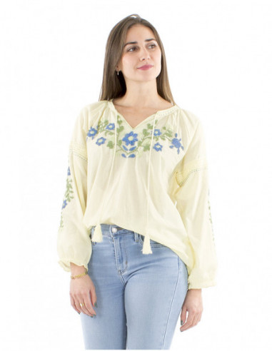 Chemisier coton large et confortable  fleuri brodé main