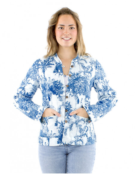 Veste matelassé motif asiatique bleu et blanc