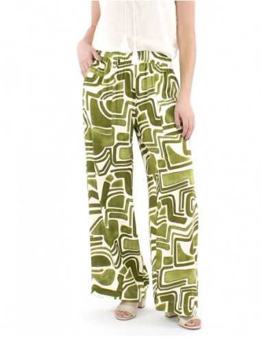 Pantalon palazzo fluide kaki motif ethnique