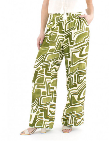 Pantalon confortable élastique palazzo fluide motif ethnique