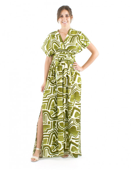 Robe longue modulable motif vert graphique