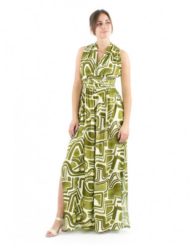 Robe longue kaki motif ethnique