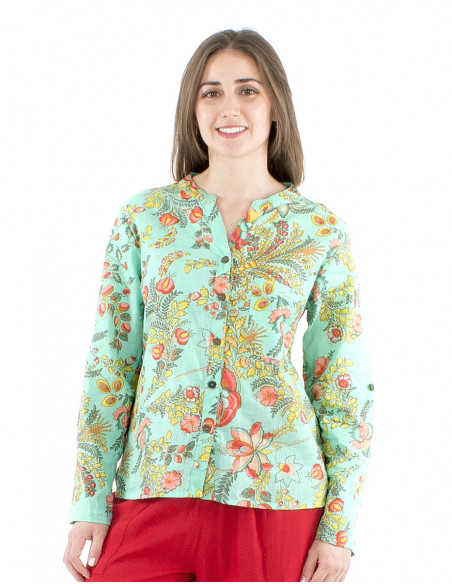 Chemisier couleur menthe en coton motif coloré