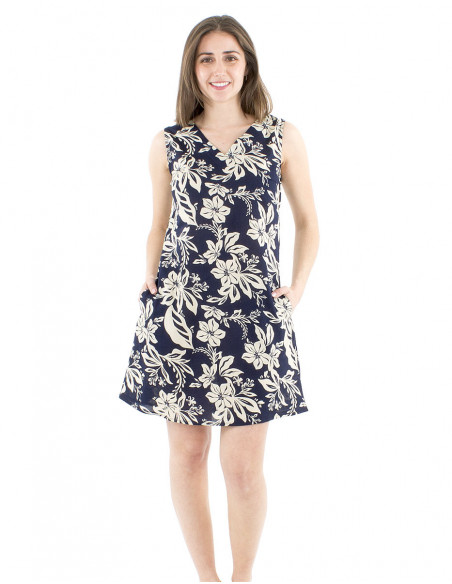 Short cotton dress tropical print V-neck