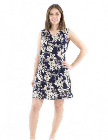 Short cotton dress tropical print V-neck