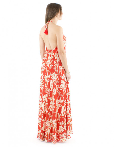 Robe longue rouge motif floral et dos nu