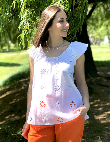 Embroidered cotton top with gathers