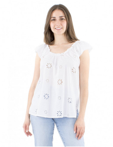 Embroidered cotton top with gathers