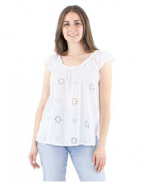Top coton brodé avec fronces