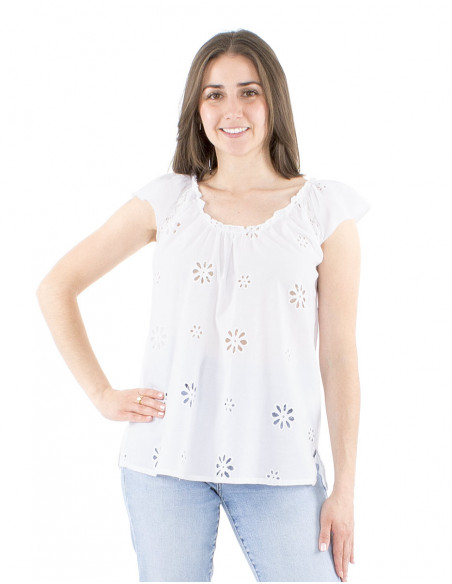 Embroidered cotton top with gathers