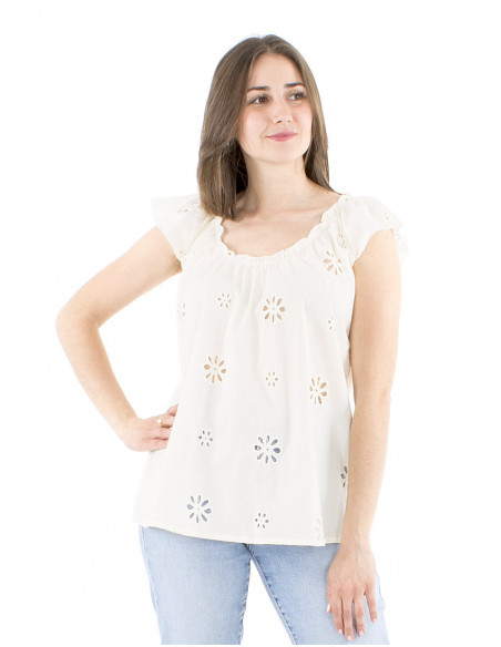 Top coton brodé avec fronces