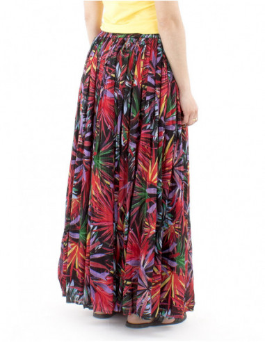 Jupe longue coton plissée motif tropical