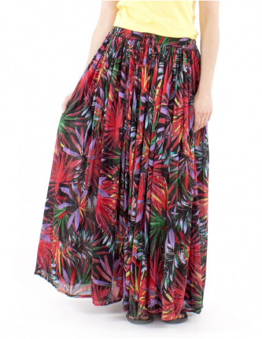 Jupe longue coton plissée motif tropical