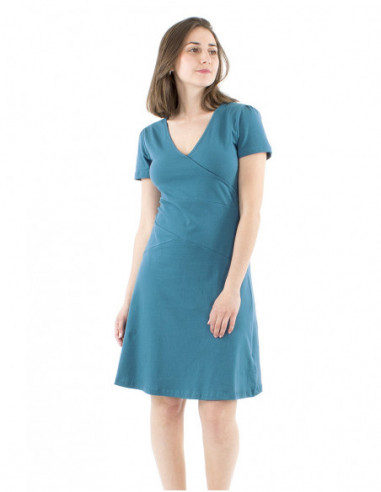 Short flared dress V-neck, topstitching