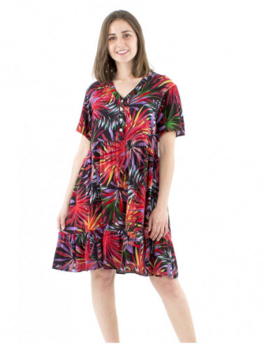 Robe courte évasée été motif tropical