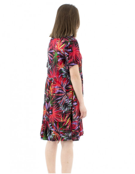 Robe courte évasée été motif tropical