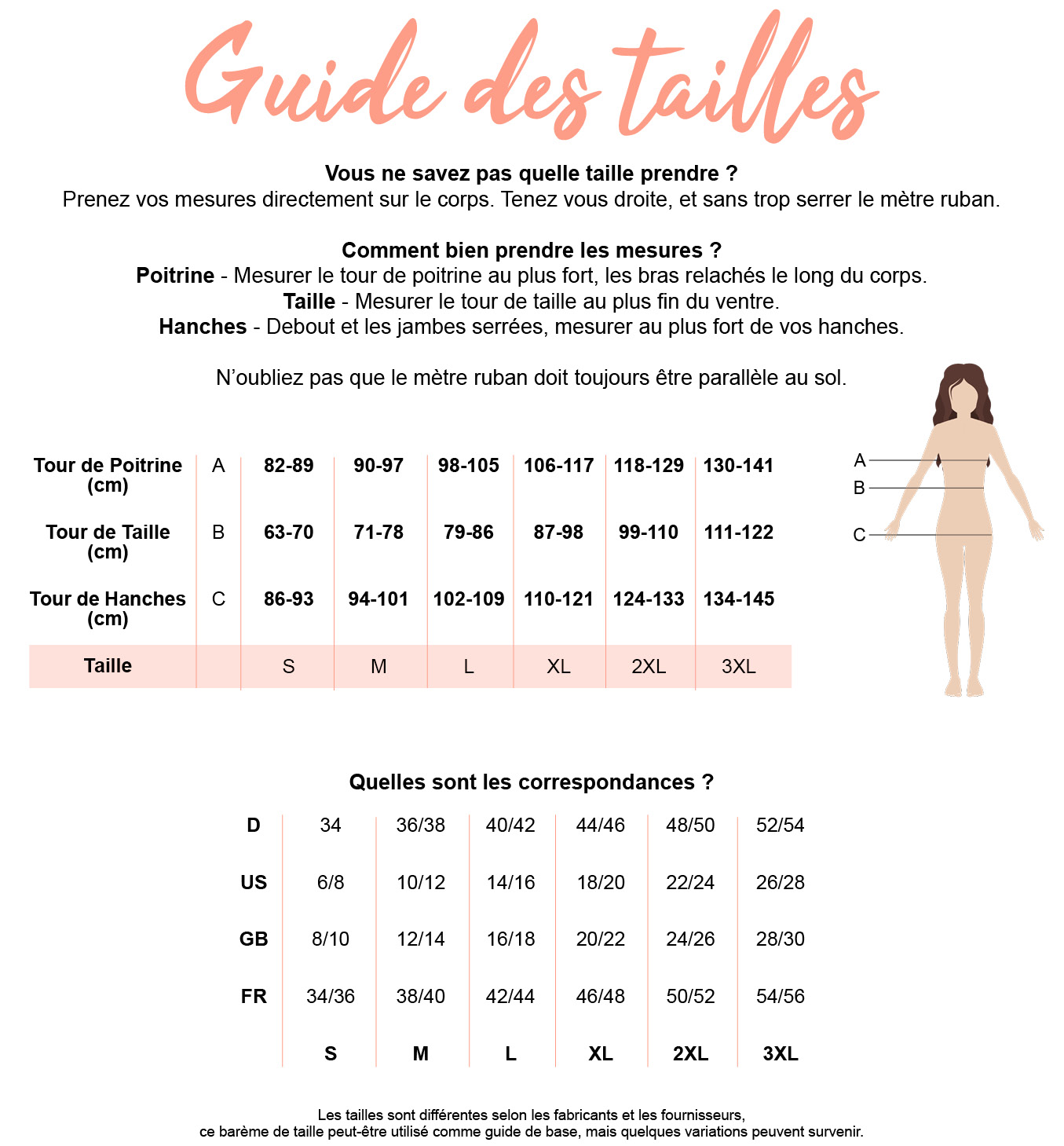 Guides des tailles pour les vêtements Coline